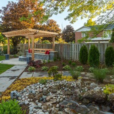Backyard landscape with pond, walkway, pergola and fire pit