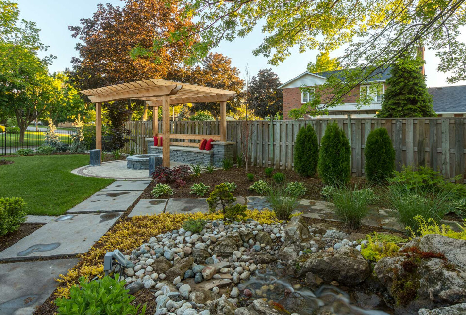 Backyard landscape with pond, walkway, pergola and fire pit