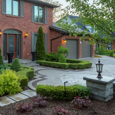 Front yard landscape with walkway