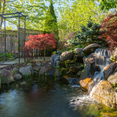 Waterfall with pond and patio